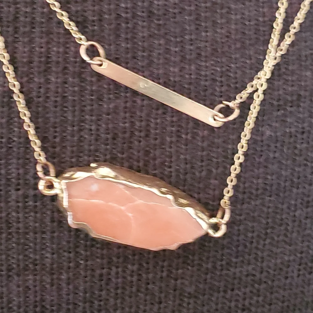 Copper tone two strand necklace with salmon colored marble look stone